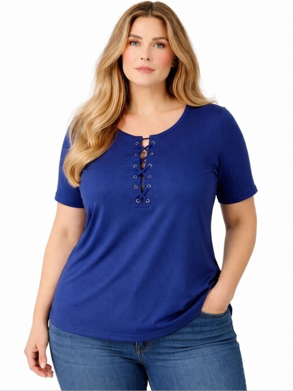 Karen Scott Plus Size 3X Navy Blue Lace Up Front Grommet Tunic Top EUC